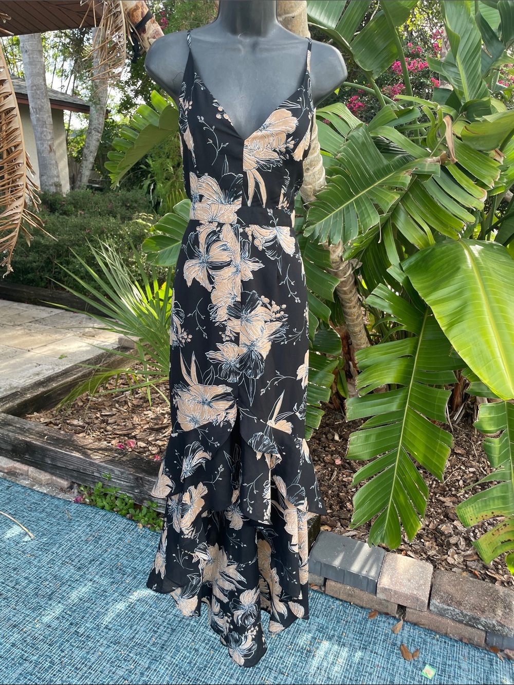 lulu’s dark floral high low ruffled dress